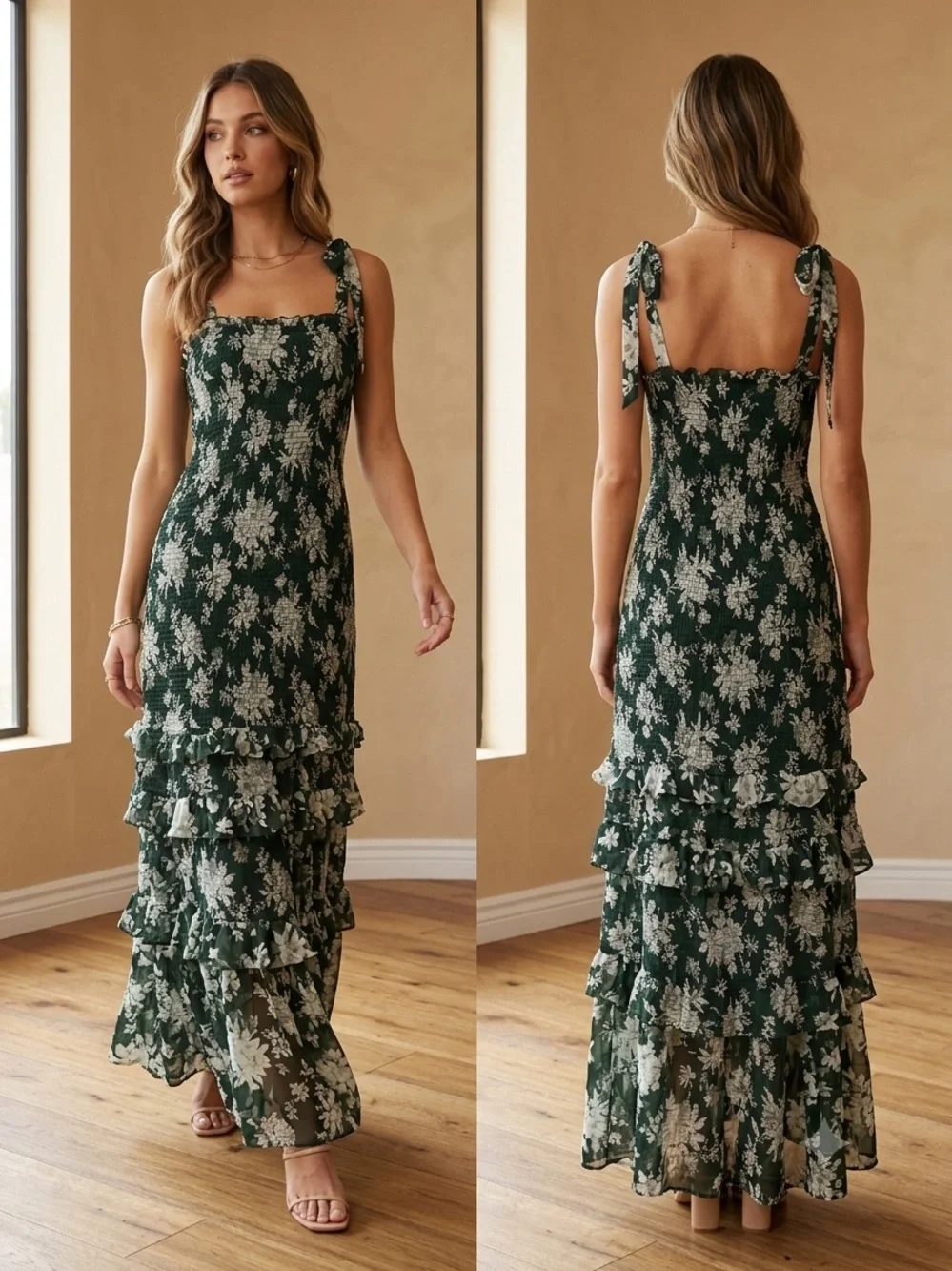 Abercrombie & Fitch Forest Green Floral Ruffle-Tier Maxi Dress